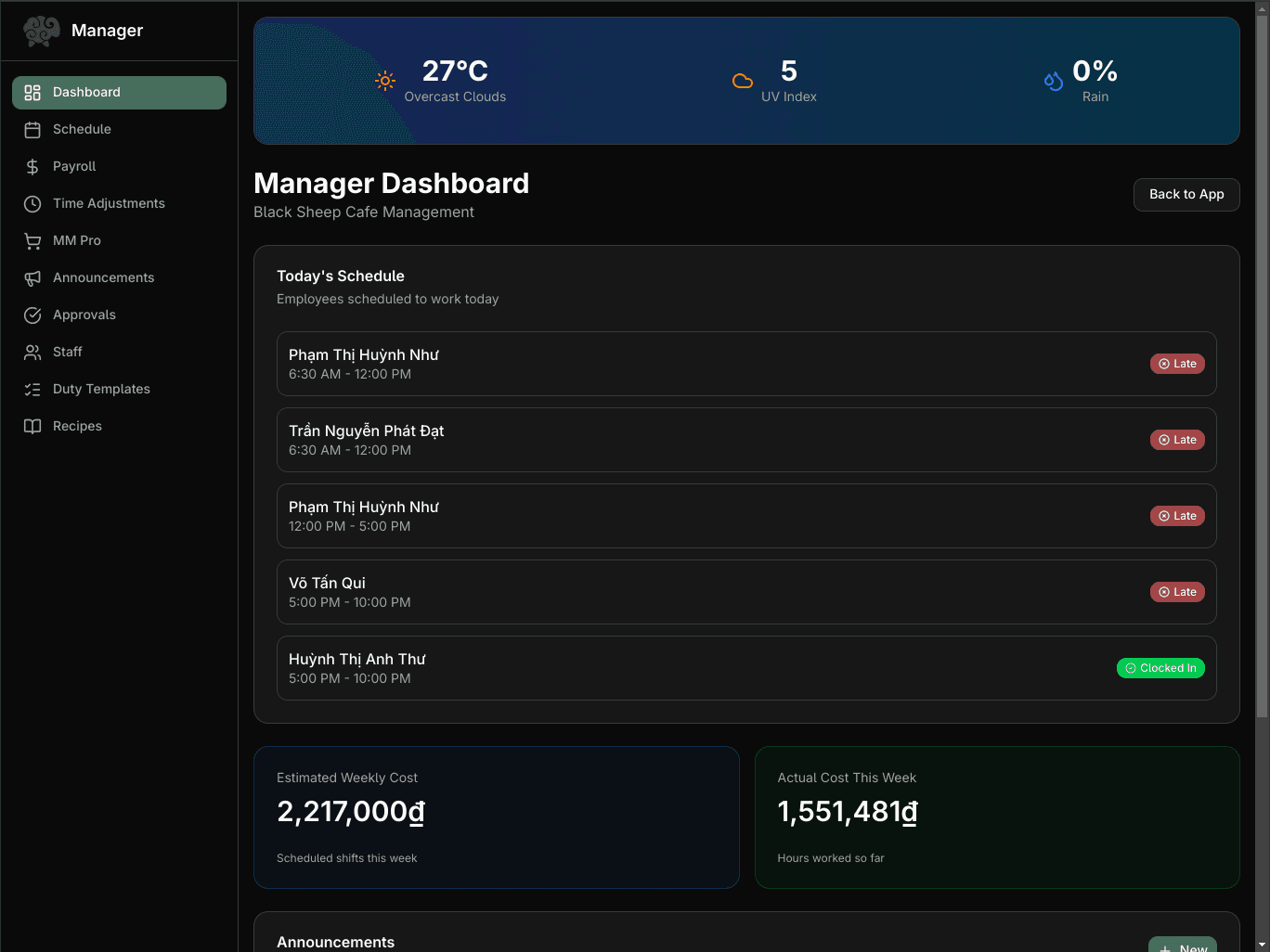 Baarista real-time manager dashboard