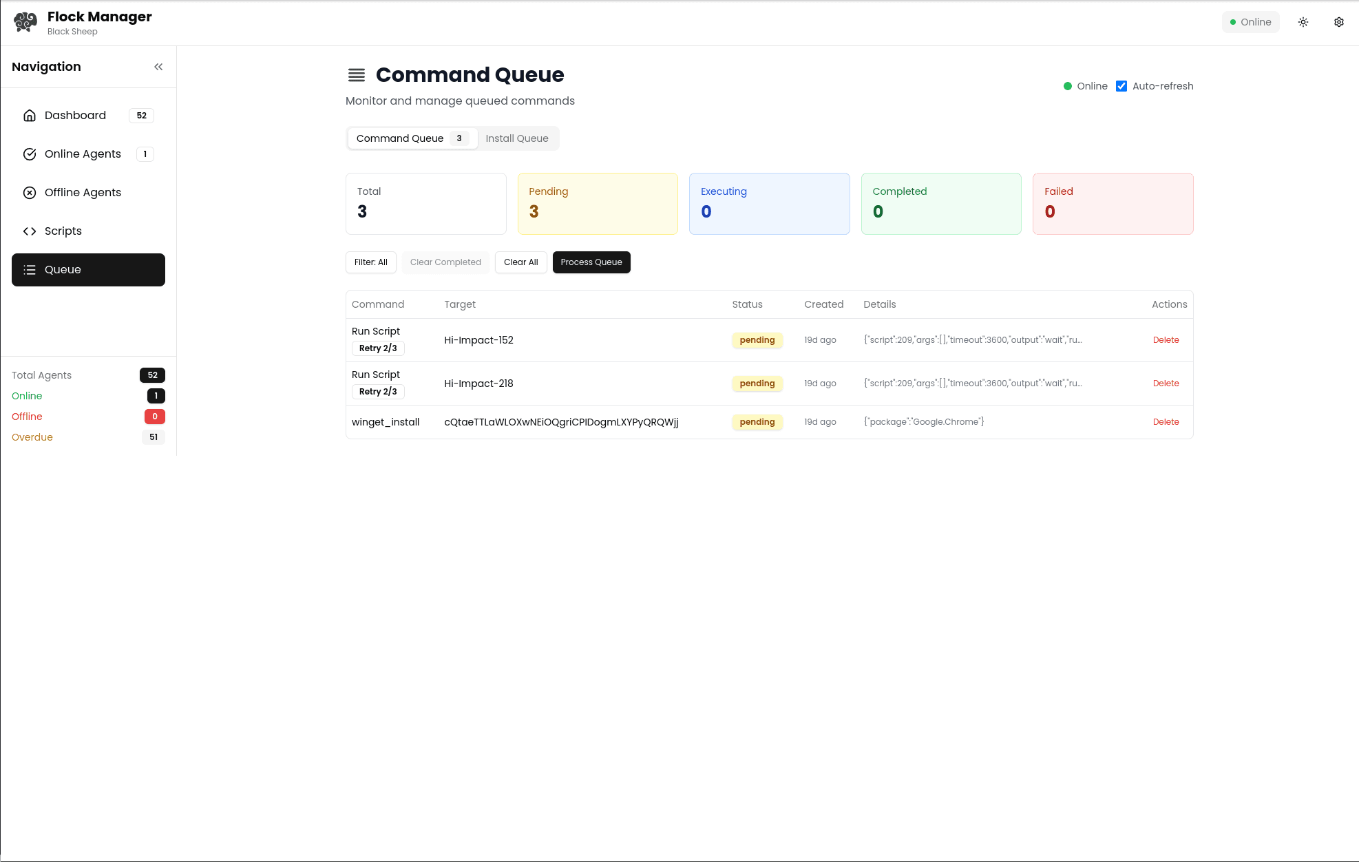 Flock Manager — command queue with automatic retry logic
